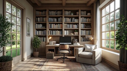 Cozy home office setup in a bright space modern design warm ambiance