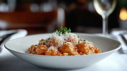 A white bowl of pasta with cheese and parsley on top