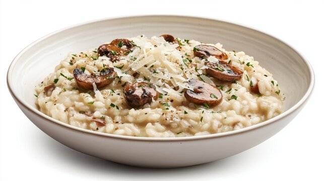 A bowl of mushroom risotto sits on a white background