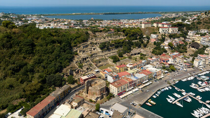 Aerial view of the archaeological park of Baia, a hamlet of Bacoli, near Naples, in Campania, Italy. It was an ancient Roman town situated on the situated on the shore of the Gulf of Naples.