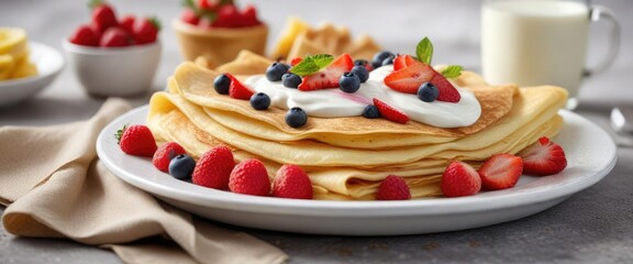 A stack of thin crepes with a side of fresh fruit and yogurt, stacked crepes, colorful plate, creamy texture