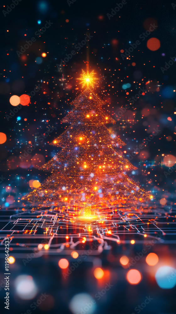 Poster Luminous christmas tree adorning metallic circuit board, sparkling with snowflakes and glimmering bokeh lights