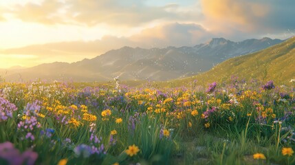 Fototapeta premium Sunset over Blooming Meadow and Majestic Mountains