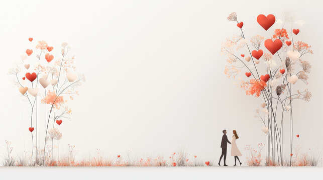 Romantic stroll between heart-shaped trees enchanted garden digital art serene atmosphere side view love and connection