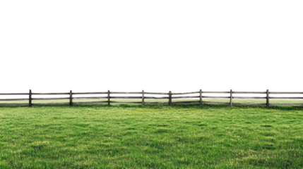 Lush green grass field with a rustic wooden fence against a dark background, perfect for nature-themed projects.