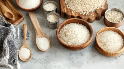 A wooden bowl of rice is next to a wooden spoon