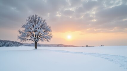 A serene, snow-covered field embraces a leafless tree under a sunset sky, casting golden hues over the winter landscape. Snow blankets everything in sight, with soft light stretching across the horizo