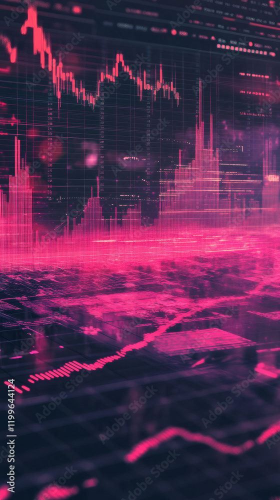 Poster Complex financial data and charts flowing on a vibrant pink cyberpunk background, creating a futuristic and technological atmosphere