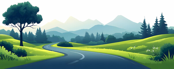 Winding road, mountain view, green hills, travel