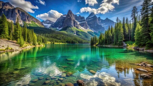 A stunning mountain lake with crystal-clear waters, surrounding peaks, and lush greenery, lakeside scenes, clear water, picturesque views, nature photography