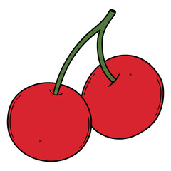 Hand drawn cartoon red ripe raw cherry on white background.