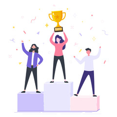 Winners with golden trophy cup award, People standing on the podium rank, Triumph reward, Symbol of victory, Business goal concept, Winning business concept flat vector illustration.