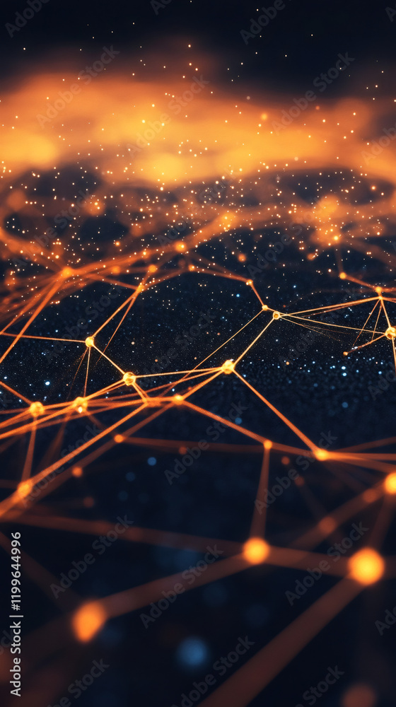 Aufkleber complex network is forming with glowing dots and lines on dark background with orange nebula, perfec