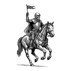 Skeleton Knight Riding Horse with Flag in Detailed Black and White Outline Line Art Drawing