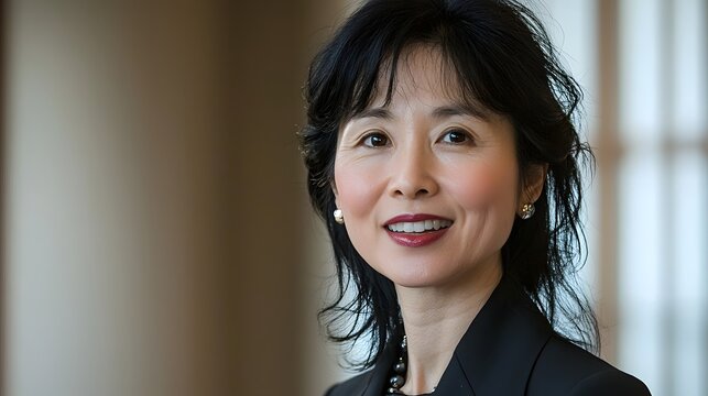 Close up portrait of a confident smiling Asian businesswoman presenting or speaking in a corporate meeting room