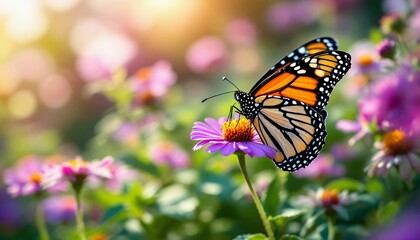 Fototapeta premium Orange and Black Butterfly on Pink Flower in a Sunlit Garden