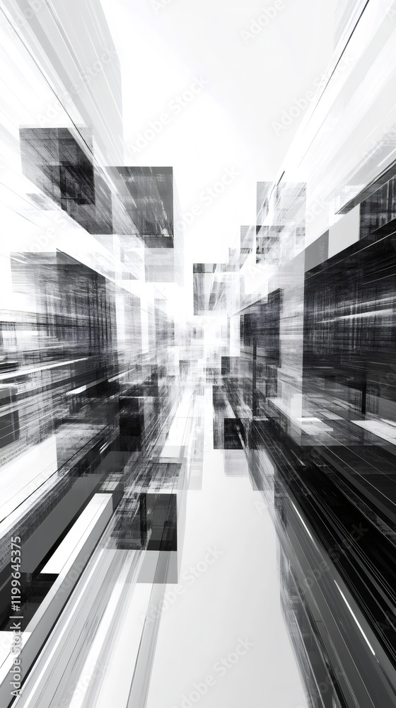 Poster geometric cityscape with converging lines, depicting futuristic architectural design through minimal