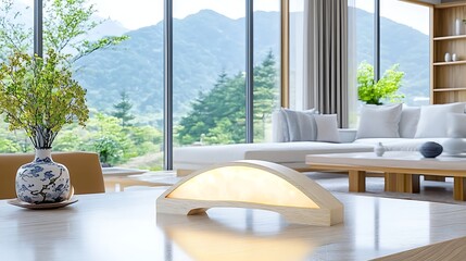 Fototapeta premium Modern Wooden Table Lamp Mountain View Living Room