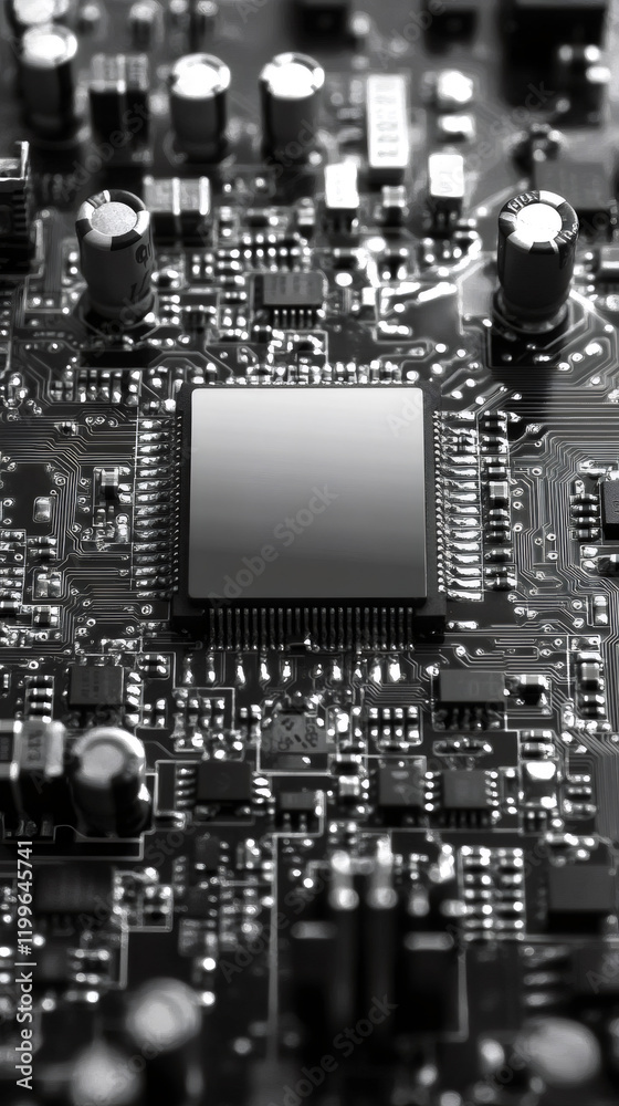 Fototapete Electronic circuit board displaying intricate microchip with surrounding metallic connectors, revealing complex inner workings of technological hardware system