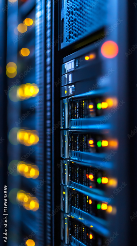 Fototapete illuminating a dark data center, blinking led lights on server racks create a vibrant atmosphere, sh
