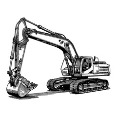 Excavator with Boom and Bucket in Detailed Black and White Outline Line Art Drawing