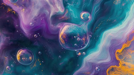 cosmic aurora swirls with iridescent digital bubbles floating through deep space, vibrant nebula clouds in purple and teal, ultra-wide format