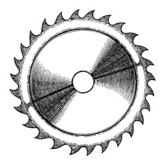 Circular Saw Blade Detailed Black and White Outline Line Art Drawing with Sharp Teeth Engrave