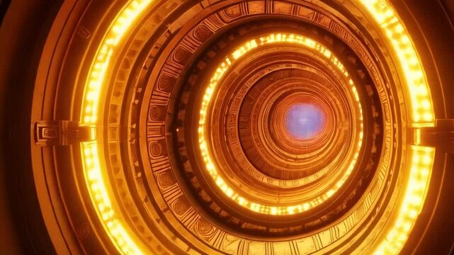 Gold sci-fi portal or time machine emitting a glowing light in a dark with geometric patterns etched into its surface