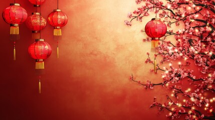 Fototapeta premium Chinese New Years, A red background with a tree and red lanterns hanging from it