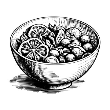 Naklejki a bowl of salad engraving sketch engraving black and white outline. Scratch board imitation.  illustrated in vintage line art style on a white background. 