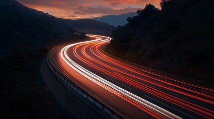 Dynamic light trails of traffic on winding mountain road during sunset scenic landscape photography captured from a low angle for stunning visual impact