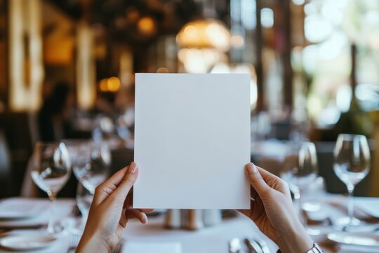 Blank paper mockup held in restaurant.