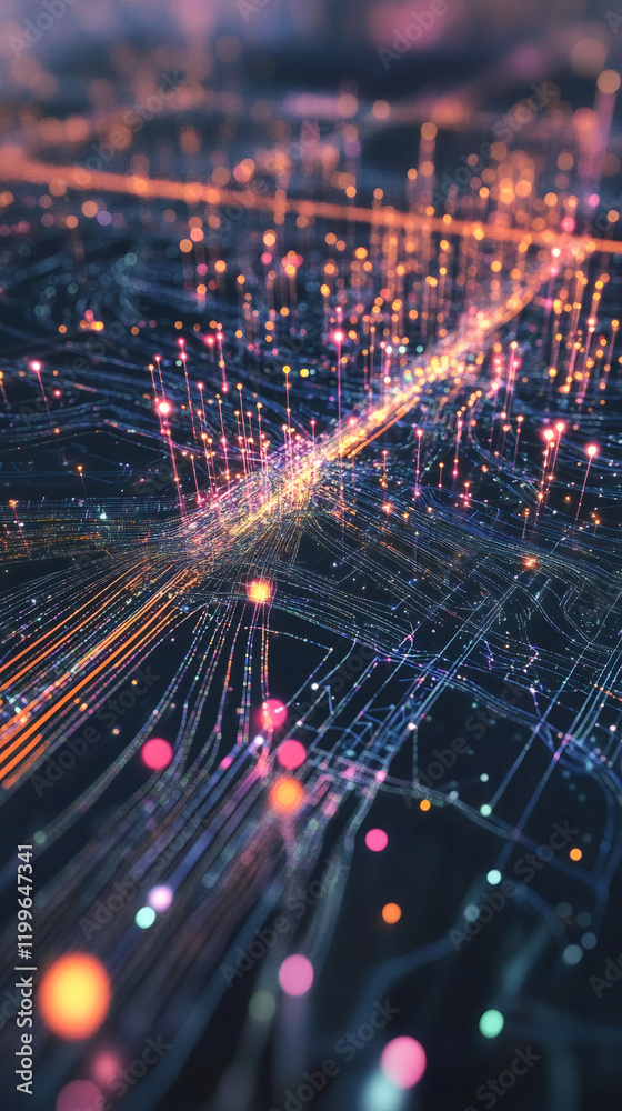Poster Colorful data streams flowing through a network, symbolizing information exchange in a futuristic urban environment