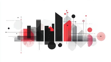 Obraz premium A geometric bar chart, minimalist infographic, abstract shapes, black and red palette, isolated on white background