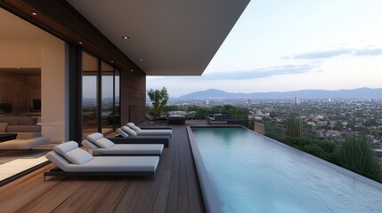 Fototapeta premium Luxury hotel interior showcasing exclusive architecture. Modern villa with infinity pool and mountain view at sunset.