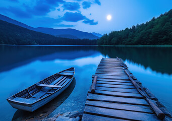 Obraz premium Moonlit boat on serene lake evening landscape tranquil nature scene scenic viewpoint peaceful environment
