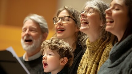 Close up of parents and their child enthusiastically singing and harmonizing together during a private music lesson