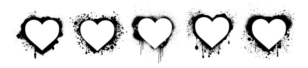 Love graffiti heart frame set, vector romantic Valentine day ink spray border, dark grunge splash. Street art urban dripped spot, black outline stain shape design, airy liquid texture. Love graffiti © Oleksandra