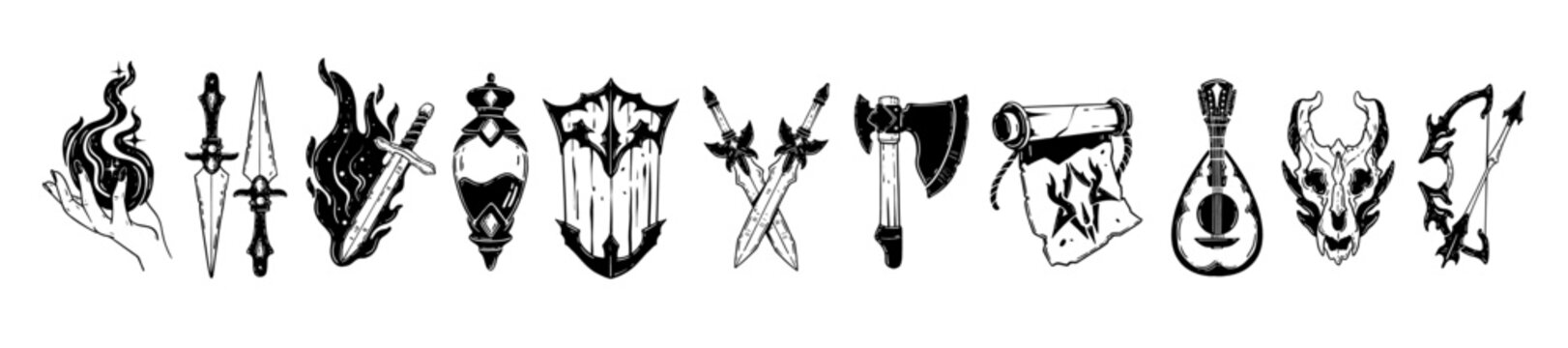 Fantasy RPG icon set, vector hand drawn dark line magic illustration, fairy tale black sign, axe. Dungeon dragon tattoo print, witchcraft mystic badge, wizard weapon ancient item. Fantasy icon, potion