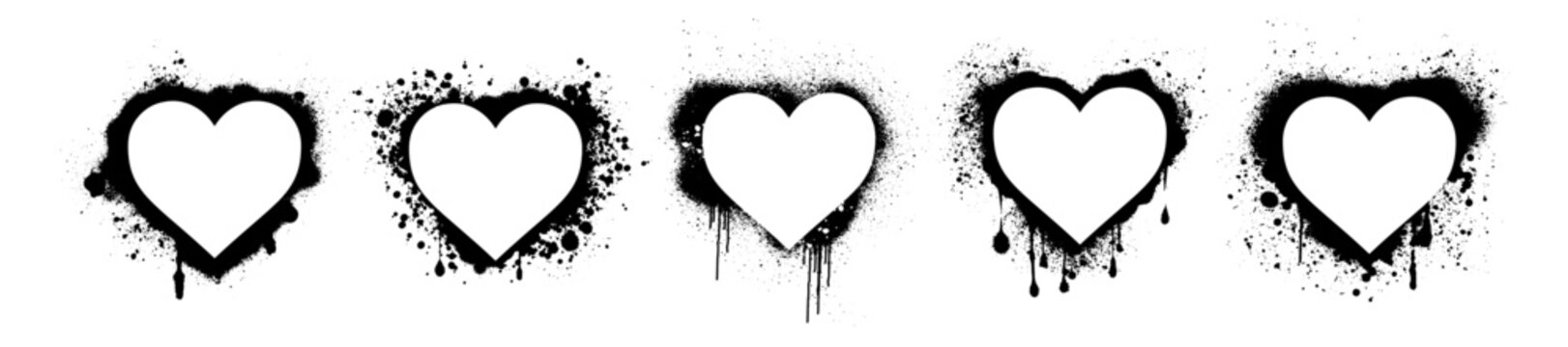Love graffiti heart frame set, vector romantic Valentine day ink spray border, dark grunge splash. Street art urban dripped spot, black outline stain shape design, airy liquid texture. Love graffiti
