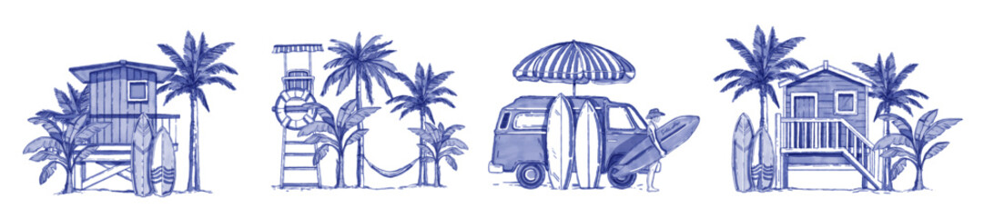 Watercolor summer beach illustration set, vector hand drawn tropical vacation landscape, palm tree. Ocean surf resort blue graphic print, exotic outdoor leisure vintage vibe travel. Summer beach view