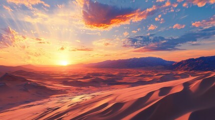 Golden Hour Sunset Over a Desert Landscape with Rolling Sand Dunes