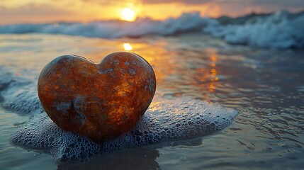 Fototapeta premium Heart Shaped Stone on Ocean Shore at Sunset
