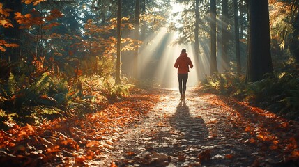 Fototapeta premium Woman jogging on autumn forest path, sun rays.