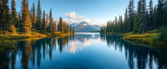 Calm lake reflecting mountains and evergreens at sunset.
