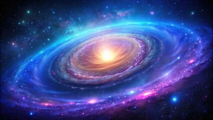 A vibrant spiral galaxy with bright blue and purple hues, surrounded by a halo of starlight, celestial, nebulae, planetary system, space