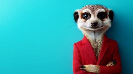 A stylized meerkat in a red suit poses confidently against a bright blue background, exuding charm and personality.