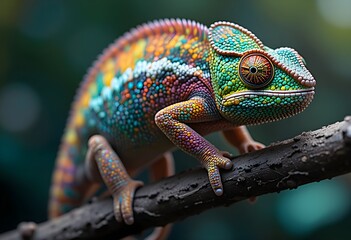 Obraz premium A chameleon changing color on a branch