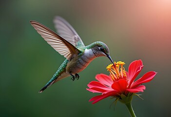 Fototapeta premium A hummingbird hovering while drinking nectar from a red flower