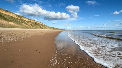 Sandy beach meets grassy cliffs under a bright blue sky